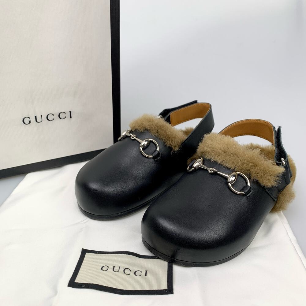 NIB Gucci Kids Leather Mule Slides w/ Faux Fur Lining, Toddler Size 28